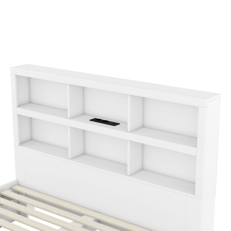 160*200cm Doppelbett, Kingsize-Plattformbett mit zwei Schubladen am Fußende des Bettes, Kopfteil mit Stauraum, Weiß