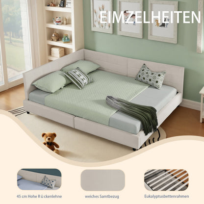 Doppelbett 160x200, weiches hautfreundliches Samt, L-förmiges Eck Bettgestell, robuste Eukalyptus- und Eisenlatten, Beige (ohne Matratze)