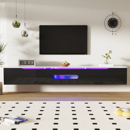 Schwarz-weißer TV-Schrank, 180 cm lang, Hochglanzoberfläche, mit 16-farbiger LED-Beleuchtung, wandmontierbar