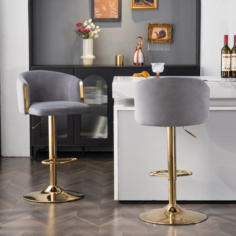 Modern rotatable height adjustable bar stools, modern bar stools for kitchen, bar, and restaurant counters, lift stools with middle backrest and gold footrest (Grau Set of 2)