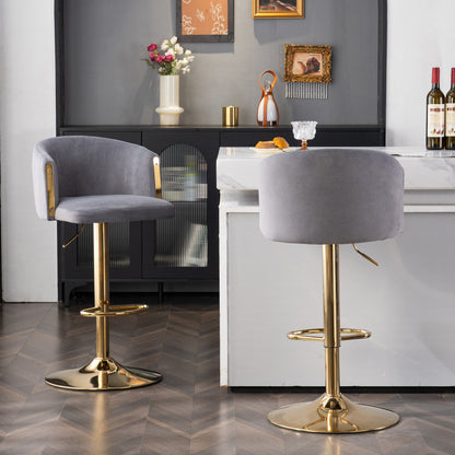 Modern rotatable height adjustable bar stools, modern bar stools for kitchen, bar, and restaurant counters, lift stools with middle backrest and gold footrest (Grau Set of 2)