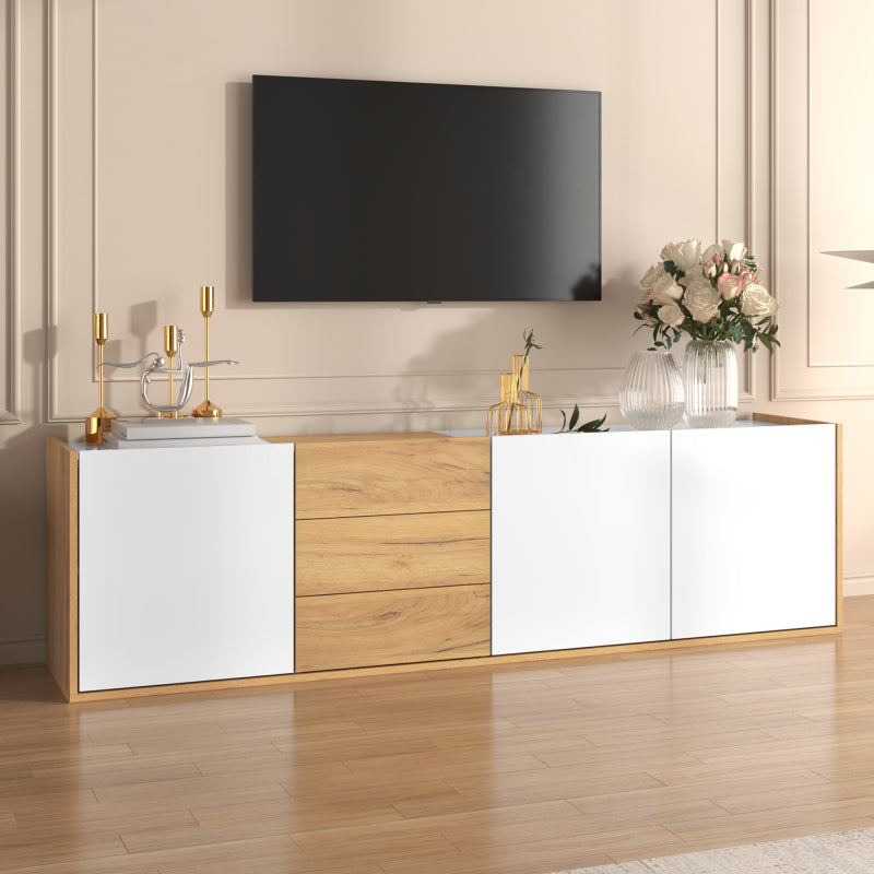 TV-Schrank, niedriges Paneel in Weiß und Holzfarben, TV-Möbel, die an die Wand gehängt oder auf den Boden gestellt werden können