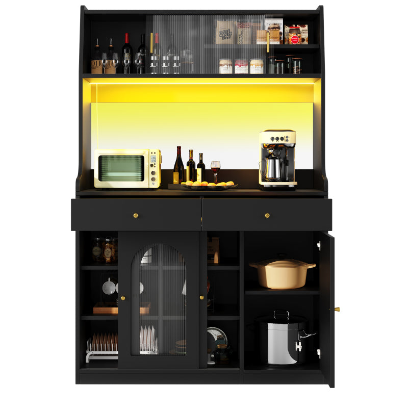 Küchenschrank, Esszimmerschrank mit 2 Schubladen, Sideboard mit LED-Beleuchtung, schwarz