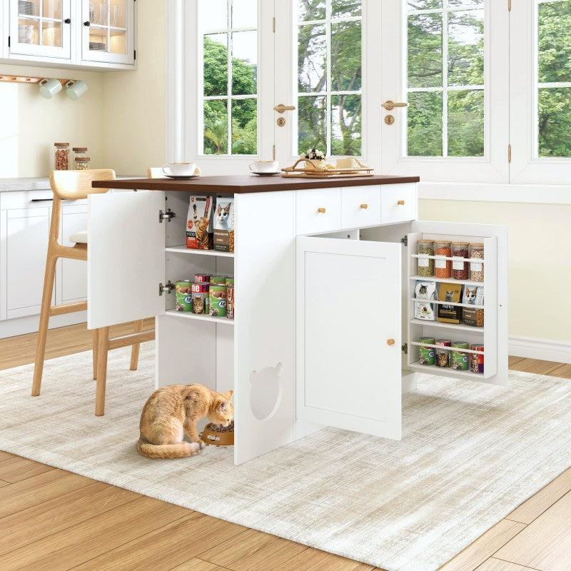 Kücheninsel, Küchenwagen & Sideboard mit Schubladen, Gewürzregal, Haustierfressbereich (ohne Katzensteller), Weiß + Nussbaumfarbe