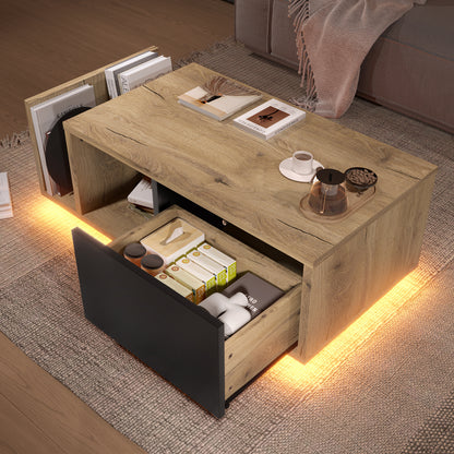Couchtisch mit LED-Beleuchtung, Wohnzimmertisch mit Schublade und Stauraum, Holzoptik & Metall