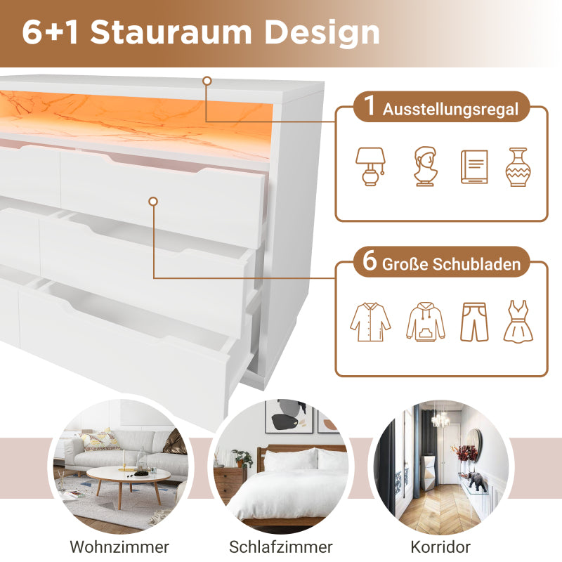 Sideboard, Kommode mit LED-Beleuchtung und 6 Schubladen, Staufach mit Marmorkorn, Moderner Schrank für Wohnzimmer und Schlafzimmer, 120x40x85cm, Weiß
