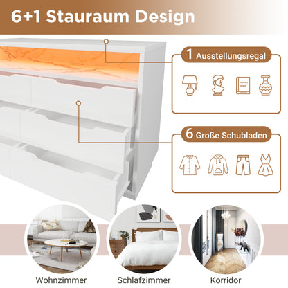 Sideboard, Kommode mit LED-Beleuchtung und 6 Schubladen, Staufach mit Marmorkorn, Moderner Schrank für Wohnzimmer und Schlafzimmer, 120x40x85cm, Weiß