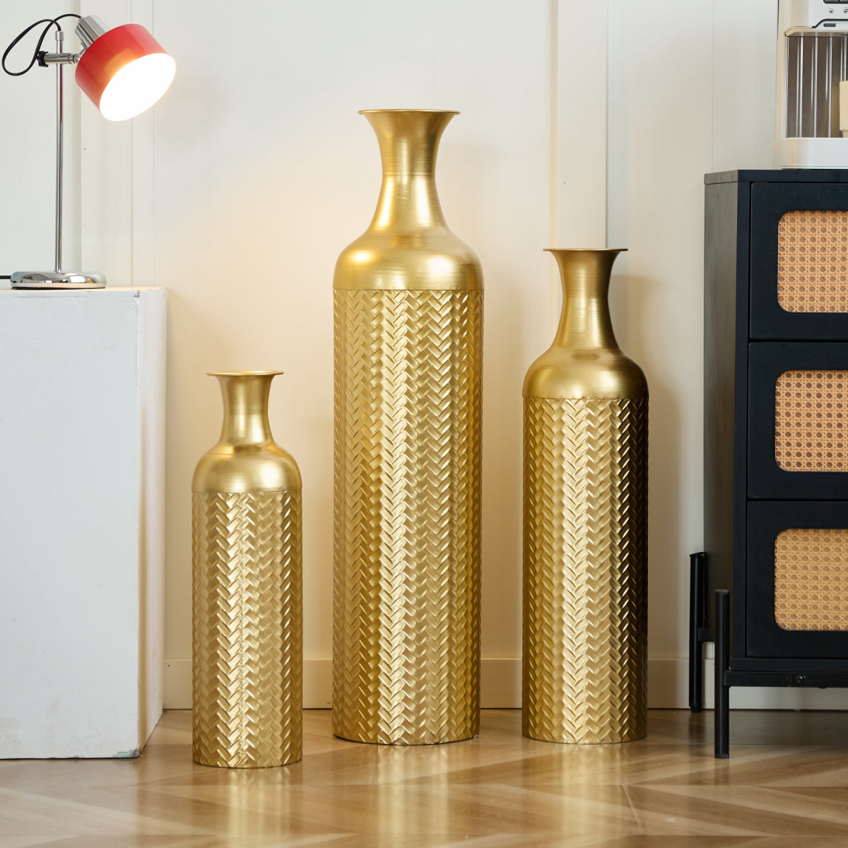 3er Set Bodenvase Metall, Gold, Retro Stil, Hohe Dekovasen 83/65/50 cm
