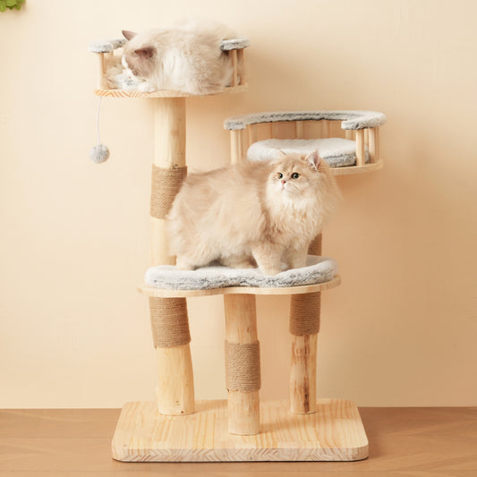 Designer Katzenklettergerüst aus Massivholz - 98 cm hoch, 3-stufiges Sprungbrett, abnehmbare Kissen und Spielbälle, Wolkenoptik-Imitation
