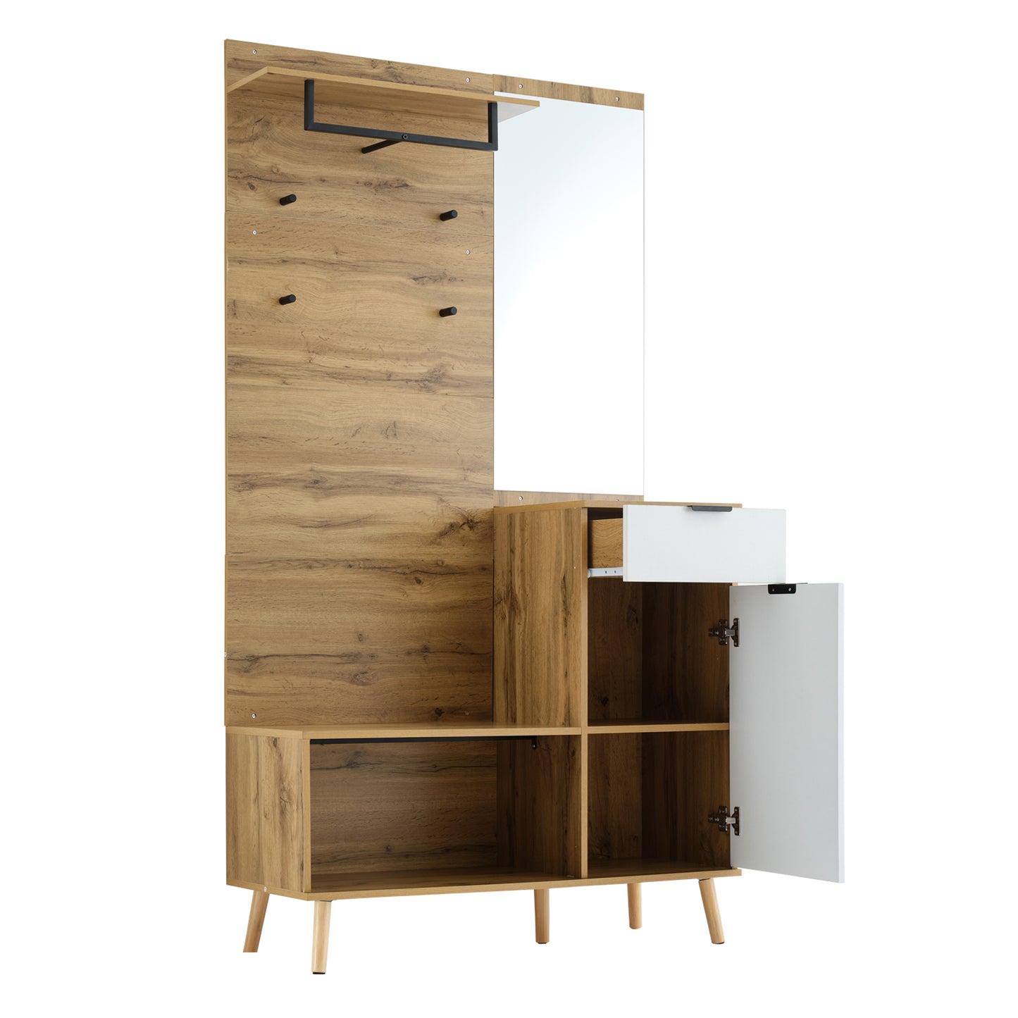 Multifunktionales Garderobenset aus Holz mit Spiegel, Schuhbank, Schuhschrank, Schublade, Regal und Kleiderhaken – Modernes Design mit hydraulischen Scharnieren und praktischem Stauraum