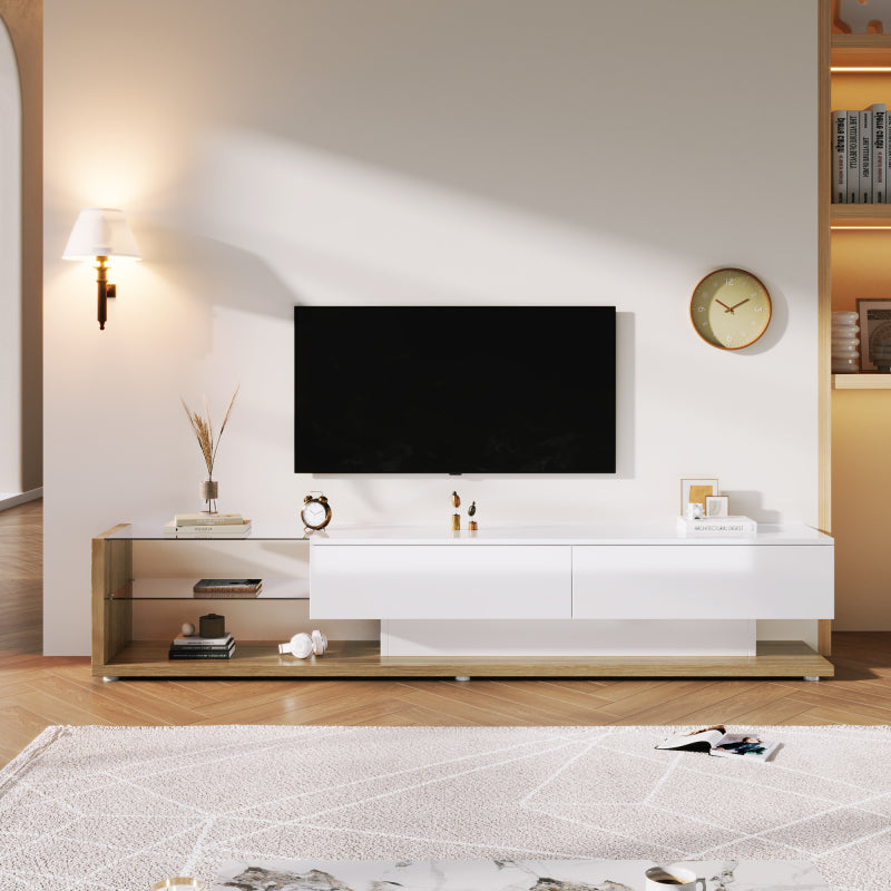 TV-Schränke, Lowboards, Kombination aus Hochglanzweiß und Holzfarben. Glastrennwände und variable LED-Beleuchtung. Es kombiniert natürlichen Landhausstil mit modernem Design.