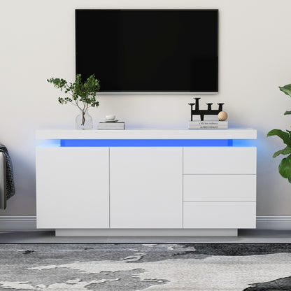 Sideboard Schrank Modern Wohnzimmer Beistellschrank Standschrank Kommode Highboard Anrichte Möbel 2 Türen 3 Schubladen Hochglanz Sideboard mit LED Licht Grifflose 140x35x72.5cm - Weiß