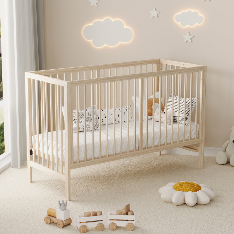 Holz Babybett, umwandelbar in Nebenbett / Malerbrettständer / Schreibtisch, höhenverstellbar, ohne Matratze, aus Fichte, naturfarben, 140x60x90cm