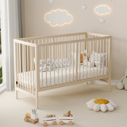 Holz Babybett, umwandelbar in Nebenbett / Malerbrettständer / Schreibtisch, höhenverstellbar, ohne Matratze, aus Fichte, naturfarben, 140x60x90cm