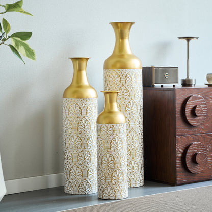 3er Set Bodenvase Gold mit Weißen Punkten, Metall, Vintage, 83/66/50 cm hoch