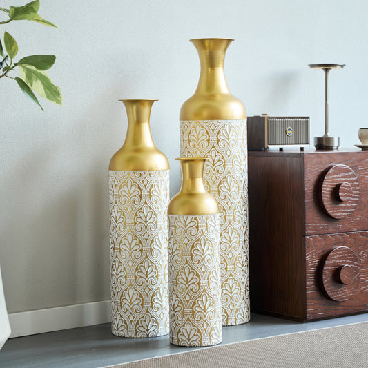 3er Set Bodenvase Gold mit Weißen Punkten, Metall, Vintage, 83/66/50 cm hoch
