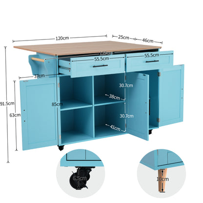 129x46(71)x91,5 cm großer Speisewagen/Sideboard, Arbeitsplatte mit Massivholzmaserung + blauer Schrank/faltbare Arbeitsplatte/Aufbewahrungstür-Design/Räder/Massivholzfüße umschaltbar/für Zuhause geeig