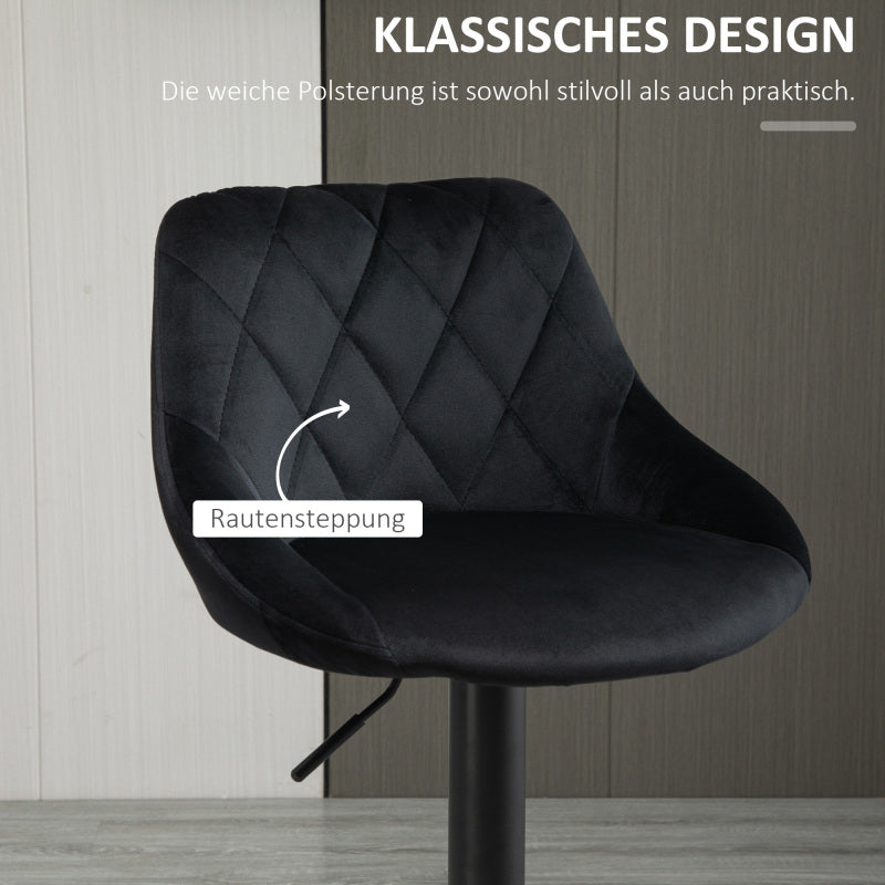 Barhocker 2er-Set Höhenverstellbar Schwarz Bistrohocker mit Fußstütze und Rückenlehne aus Samt & Metall
