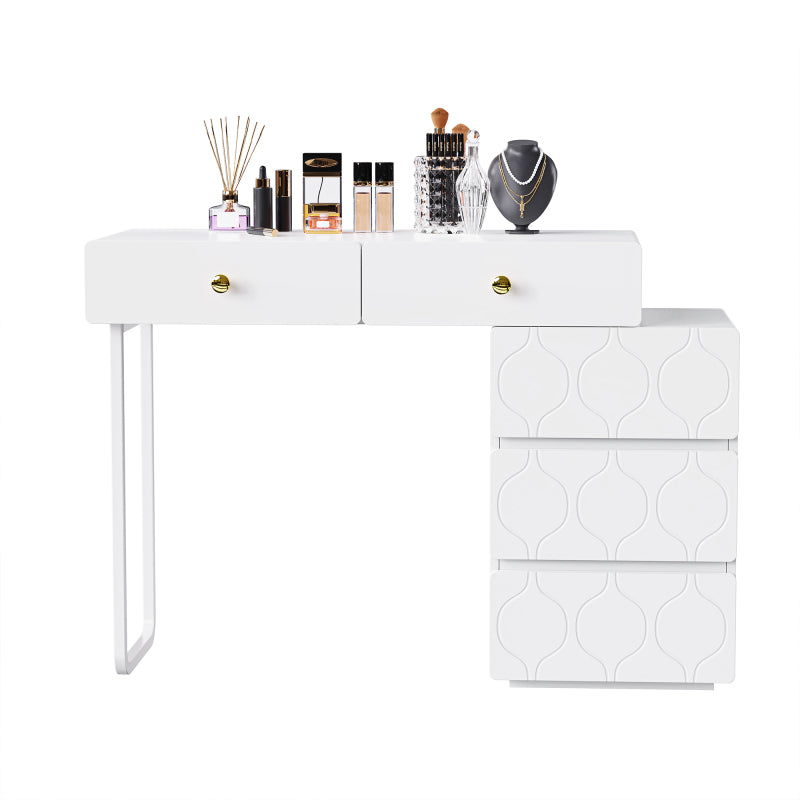 Schminktisch, 5 Schubladen, ohne Spiegel und Hocker, Schrank und Beine links und rechts austauschbar, 90x 40 x 73.5 cm, Wellenmuster, minimalistischer Stil, Kommode, weiß