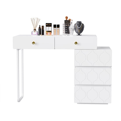 Schminktisch, 5 Schubladen, ohne Spiegel und Hocker, Schrank und Beine links und rechts austauschbar, 90x 40 x 73.5 cm, Wellenmuster, minimalistischer Stil, Kommode, weiß