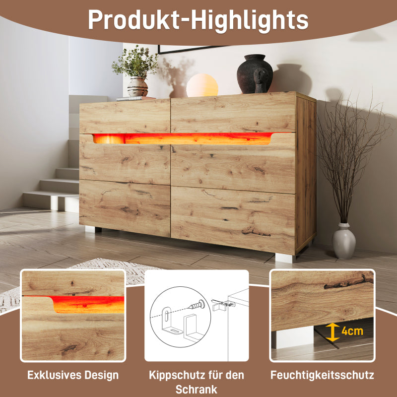Kommode, Sideboard Holz mit 6 Schubladen, LED Beleuchtung (App Control), Mehrzweckschrank für Wohnzimmer und Schlafzimmer, 71 x 120 x 40 cm, Eiche