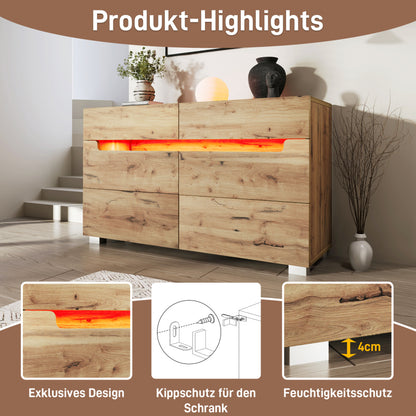Kommode, Sideboard Holz mit 6 Schubladen, LED Beleuchtung (App Control), Mehrzweckschrank für Wohnzimmer und Schlafzimmer, 71 x 120 x 40 cm, Eiche