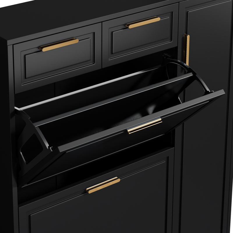 Moderne Schuhschrank, mit verstellbaren Regalen, goldenen Griffen, Schubladen, Klappschuhschrank und Türen,  Schwarz, B95/D24/H107