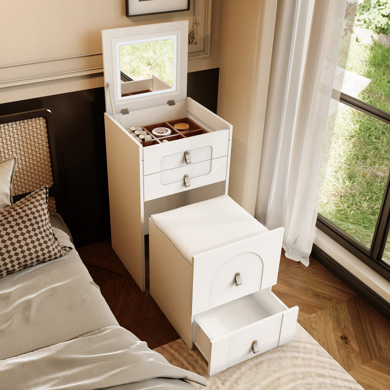 Schminktisch(Enthält Make-up-Hocker), Multifunktionaler Aufbewahrungshocker Nachttisch, mit Spiegel und LED-Beleuchtung, mit 3 Schubladen, schwarz+braun