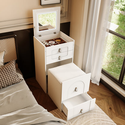 Schminktisch(Enthält Make-up-Hocker), Multifunktionaler Aufbewahrungshocker Nachttisch, mit Spiegel und LED-Beleuchtung, mit 3 Schubladen, schwarz+braun