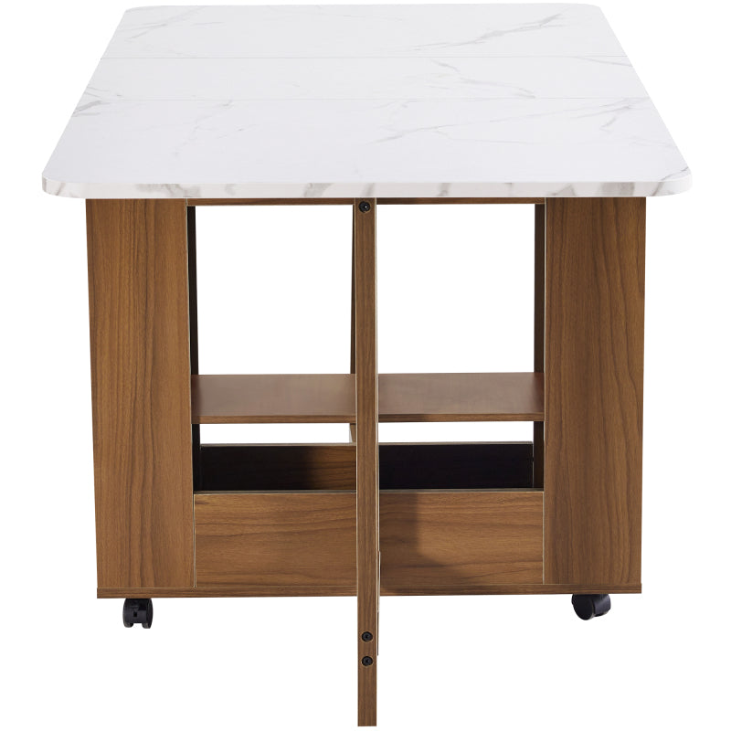 Ausziehbarer Bartisch mit Stauraum(110-124×78×97.5cm), für 2-6 Personen, Kücheninseln mit 2 Schubladen, 2 seitliche offene Regale und eingebaute Steckdose,Tischplatte aus weiß marmoriertem MDF,Braun