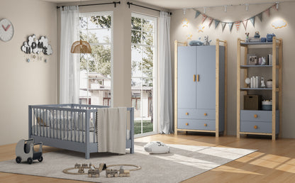 2-türiger Kleiderschrank, Kleiderschrank mit Kleiderstange, für Schlafzimmer, Wohnzimmer, Flurgarderobe geeignet,  blauer Körper + Kieferrahmen