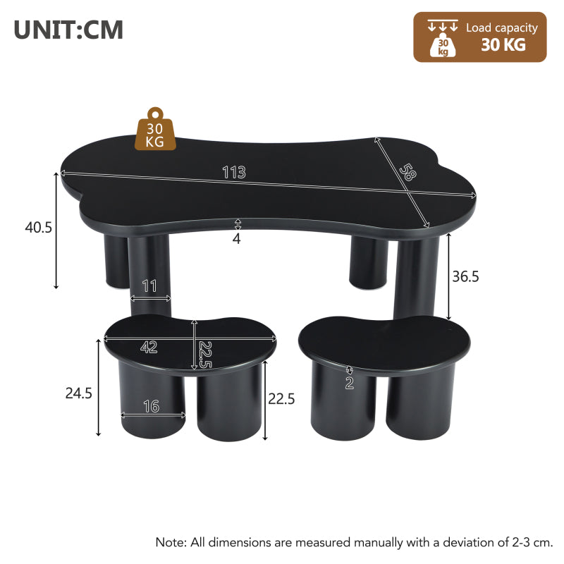 Unregelmäßiger Couchtisch in Knochenform mit 2 kleinen Bänken, großer Couchtisch L 113 cm, B 58 cm, H 40,5 cm, Tischplatte aus MDF und Beine aus PVC mit Filzboden, unregelmäßiger Couchtisch