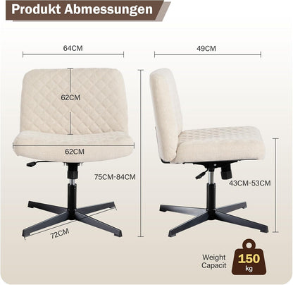 Bürostuhl Ohne Armlehnen,Home Office Stuhl Keine Räder,Heavy Duty Metallbasis,120°Schaukelnder breiter Sitz Ergonomischer Stuhl, Dicken gepolsterte Dreh Eitelkeit Stuhl für Heim und Büro Cream+Linen+Metal
