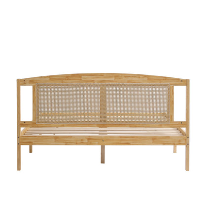 Doppelbett, Rattanbett, Jugendbett Erwachsenenbett 160X200cm, Rattannetzkissen, mit 15 Latten und Mittelfüße, Kiefer + PE-Rattan, Natur