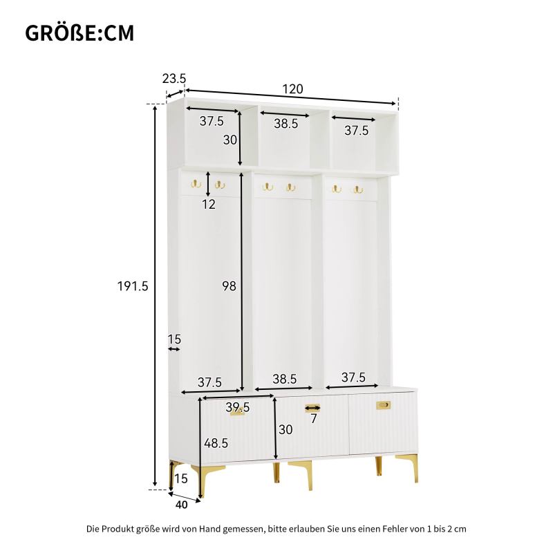 Garderobenset mit Bank, multifunktionale Aufbewahrungsbank, offene Aufbewahrung,6 goldene Haken und Füße, geeignet für Flur, Wohnzimmer, weiß, B120/D40/H191.5CM