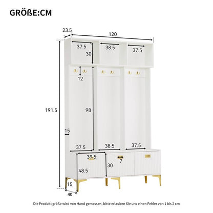 Garderobenset mit Bank, multifunktionale Aufbewahrungsbank, offene Aufbewahrung,6 goldene Haken und Füße, geeignet für Flur, Wohnzimmer, weiß, B120/D40/H191.5CM