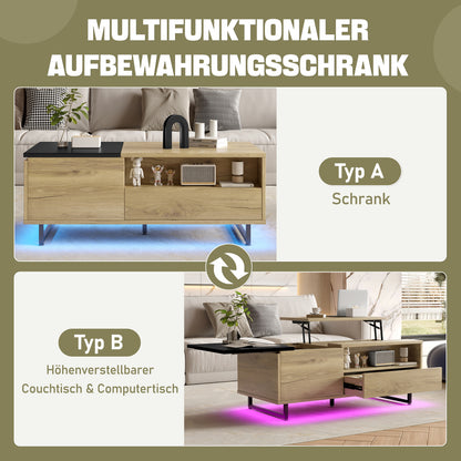 Couchtisch mit LED-Beleuchtung, Tischplatte höhenverstellbar, Holzoptik/Schwarz