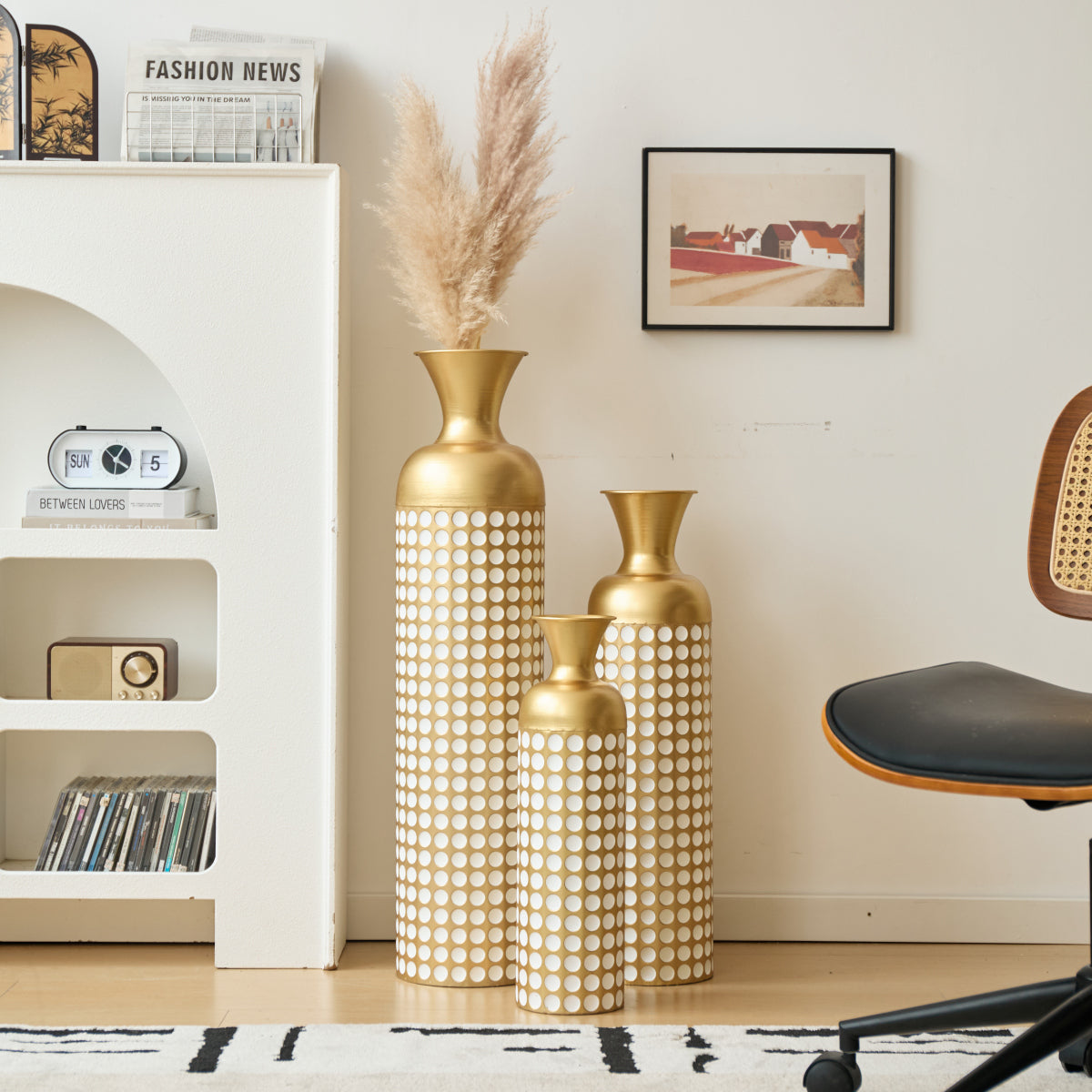 Bodenvase 3er Set Gold, Metallvase Punkte, Vintage Dekovase 83 cm, Übertöpfe groß, Standvase Gold