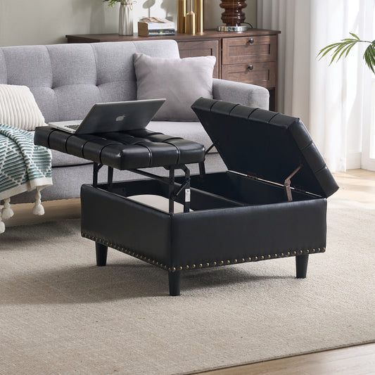 Großer quadratischer Aufbewahrungsstuhl, anhebbare Bank mit Stauraum, geeignet für Wohnzimmer Schlafzimmer Arbeitszimmer gepolsterte Aufbewahrungsbox(Black PU)