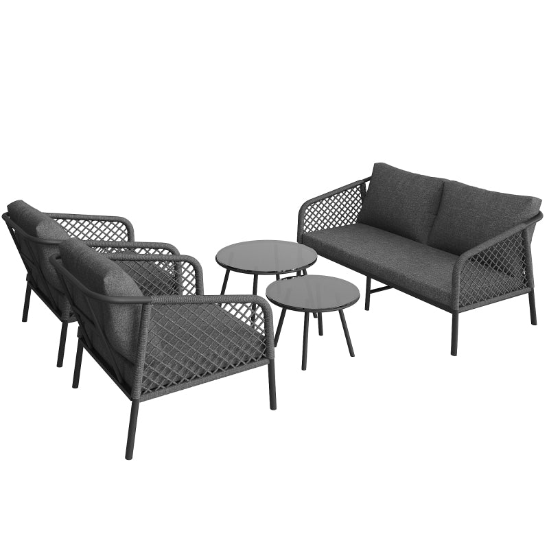 Garten-Lounge-Set, Gartenmöbel-Set aus Seil, Modernes Outdoor-Sofa-Set, graues Seil, Tischplatte aus glattem Glas, inklusive aller Sitz- und Rückenkissen,Loungemöbel, Balkonset , Garten & Terrasse