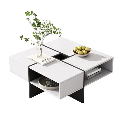 Moderner quadratischer Couchtisch 70x70x35cm – Schwarz-Weiß Design, 5 offene Fächer, mittleres Staufach 10x10cm, stabiler 30KG Tragkraft,Weißer quadratischer Couchtisch