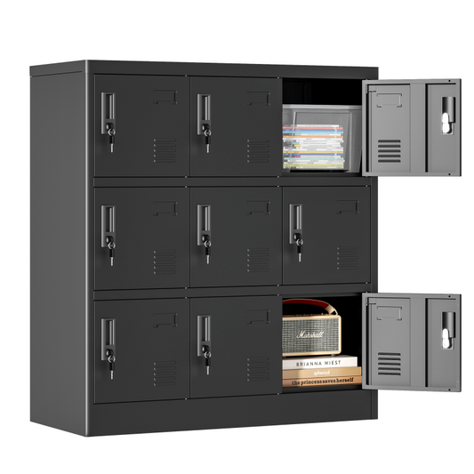 9-Türige Metall-Schränke für Büro, Fitnessstudio, Schule & Zuhause - Sicherer Aufbewahrungsschrank mit Kartenfach (Schwarz), H 100 cm × B 90 cm × T 40 cm