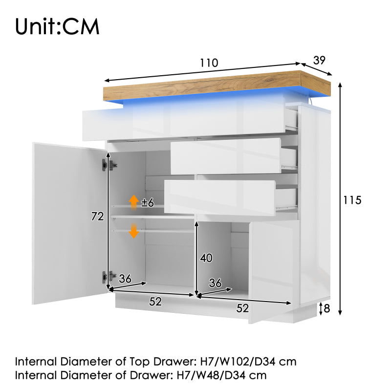 Kommode, Hochglanz Sideboard mit 2 Türen und 3 Schubladen, LED Beleuchtung (App Control), Mehrzweckschrank für Wohnzimmer und Schlafzimmer, 115 x 110 x 39 cm, Weiß