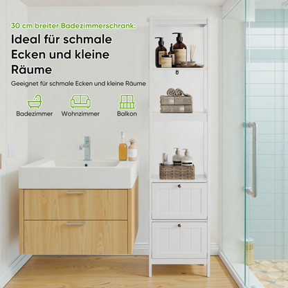 Schmaler Hochschrank, Badezimmerschrank mit 2 Schubladen und 3 Einlegeböden, 40Lx30Bx160Hcm, Weiß