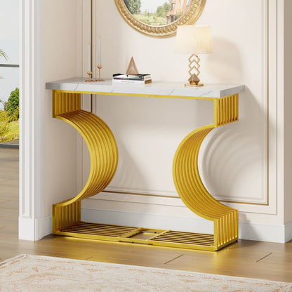 100*35*80cm moderner schlichter weißer Hochglanz-Couchtisch, kleiner Beistelltisch für das Wohnzimmer, Konsolentisch, goldener Fuß, zwei Aufstellmöglichkeiten