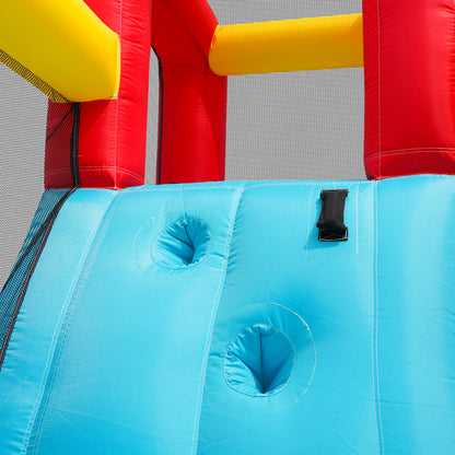 [Multifunktionale Outdoor-Hüpfburg] Mit Gebläse, Wasserrutsche + Trampolin + Basketballkorb + Wasserpistole, 2 Poolbereiche, 1 große und 1 kleine Rutsche, für trockene und nasse Nutzung, ein Wasserpar