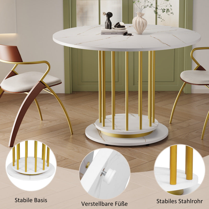Runder Esstisch mit Marmoroptik Modernes Design mit Metallgestell, Weiß+Gold