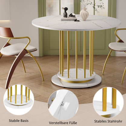 Runder Esstisch mit Marmoroptik Modernes Design mit Metallgestell, Weiß+Gold