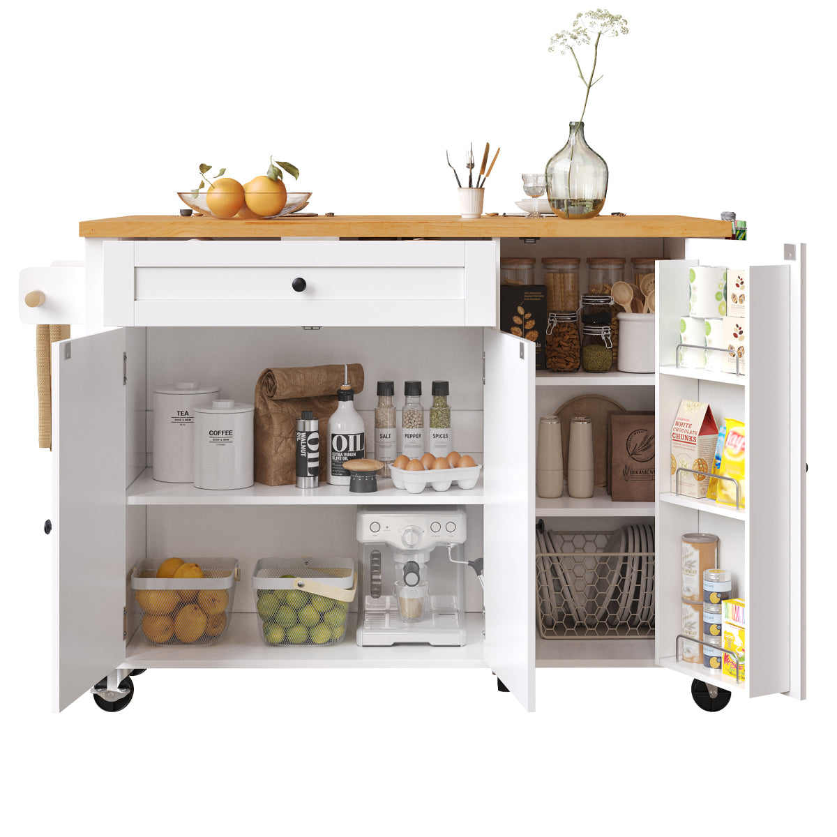 Kücheninsel mit Rollen & klappbarer Arbeitsplatte, Küchenwagen mit 3 Türen & Schublade, Sideboard inkl. Gewürzregal & Handtuchhalter, 99cm