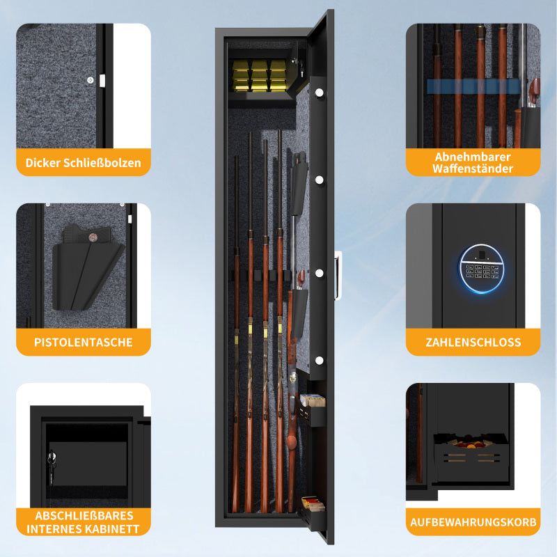 Gewehrschrank für 5 Langwaffen, Gewehrsafe für Gewehre und Pistolen, Schrotflinten-Safe, Schnellzugriff. Geeignet zur sicheren Aufbewahrung von Langwaffen und Schuss. H 138 cm × B 30 cm × T 30 cm